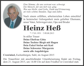 Traueranzeige von Heinz Heß