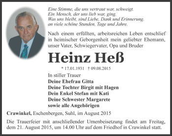 Traueranzeige von Heinz Heß von Ostthüringer Zeitung, Thüringische Landeszeitung