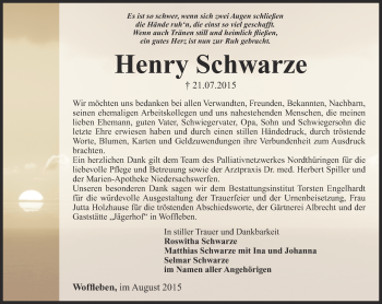 Traueranzeige von Henry Schwarze von Thüringer Allgemeine