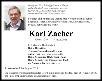 Traueranzeige von Karl Zacher von Thüringer Allgemeine, Thüringische Landeszeitung