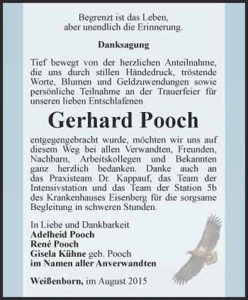 Traueranzeige von Gerhard Pooch von Ostthüringer Zeitung