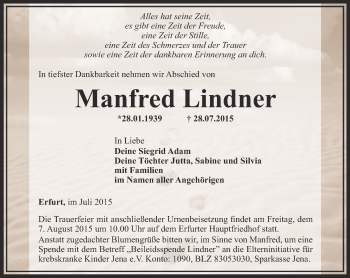 Traueranzeigen von Manfred Lindner | trauer-in-thueringen.de