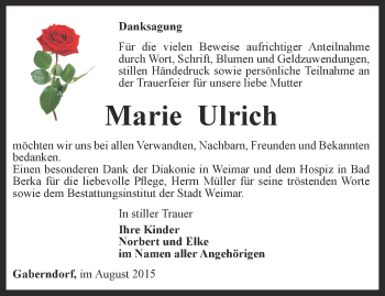 Traueranzeige von Marie Ulrich von Thüringer Allgemeine, Thüringische Landeszeitung