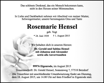 Traueranzeige von Rosemarie Hensel von Thüringer Allgemeine, Thüringische Landeszeitung