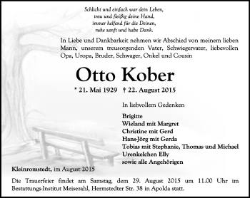 Traueranzeige von Otto Kober von Thüringer Allgemeine, Thüringische Landeszeitung