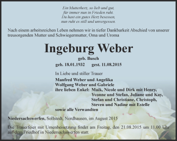 Traueranzeige von Ingeburg Weber von Thüringer Allgemeine