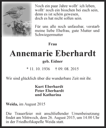 Traueranzeige von Annemarie Eberhardt von Ostthüringer Zeitung