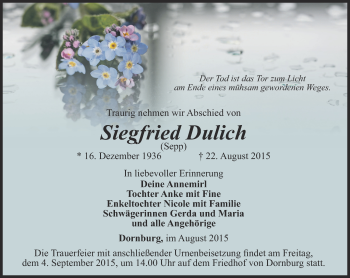 Traueranzeige von Siegfried Dulich      von Ostthüringer Zeitung, Thüringische Landeszeitung