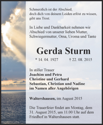 Traueranzeige von Gerda Sturm von Ostthüringer Zeitung, Thüringische Landeszeitung