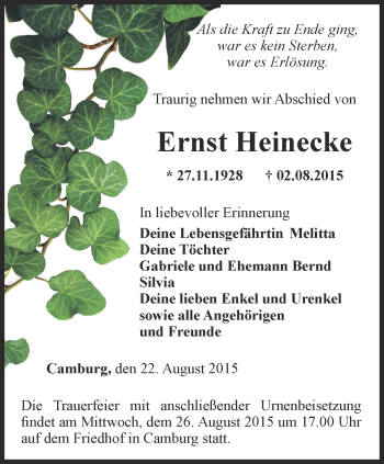 Traueranzeige von Ernst Heinecke von Ostthüringer Zeitung, Thüringische Landeszeitung