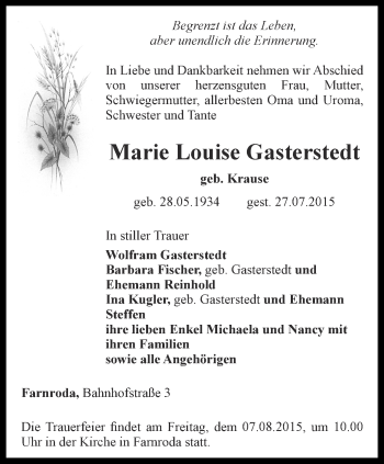 Traueranzeige von Marie Louise Gasterstedt von Thüringer Allgemeine, Thüringische Landeszeitung