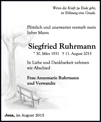 Traueranzeige von Siegfried Ruhrmann von Ostthüringer Zeitung, Thüringische Landeszeitung