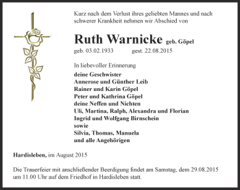 Traueranzeige von Ruth Warnicke von Thüringer Allgemeine