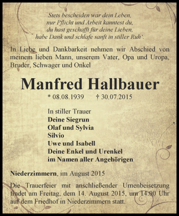 Traueranzeige von Manfred Hallbauer von Thüringer Allgemeine, Thüringische Landeszeitung