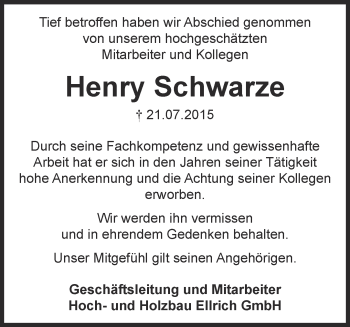 Traueranzeige von Henry Schwarze von Thüringer Allgemeine