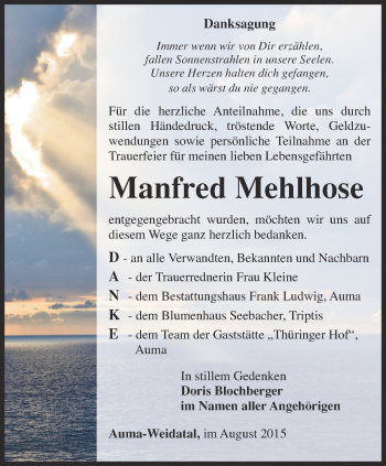 Traueranzeige von Manfred Mehlhose von Ostthüringer Zeitung