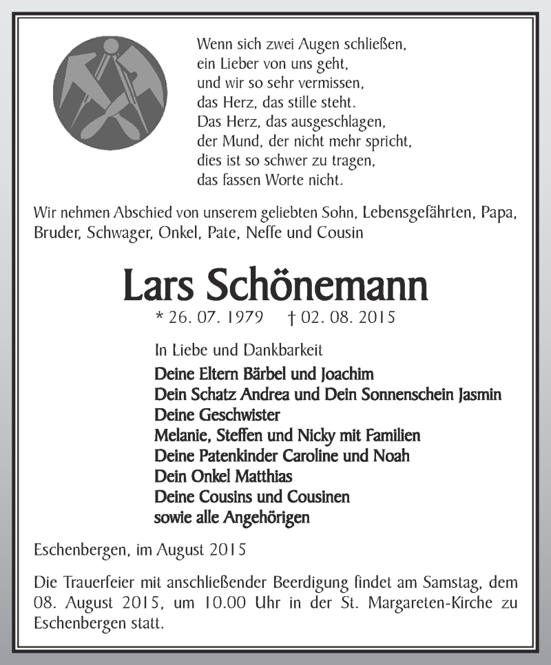  Traueranzeige für Lars Schönemann vom 06.08.2015 aus Ostthüringer Zeitung, Thüringische Landeszeitung