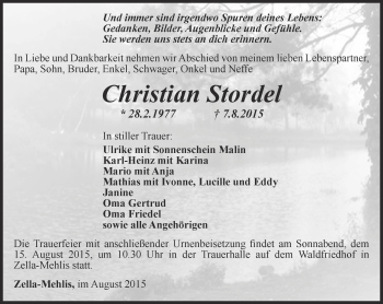 Traueranzeige von Christian Stordel von Thüringer Allgemeine, Thüringische Landeszeitung
