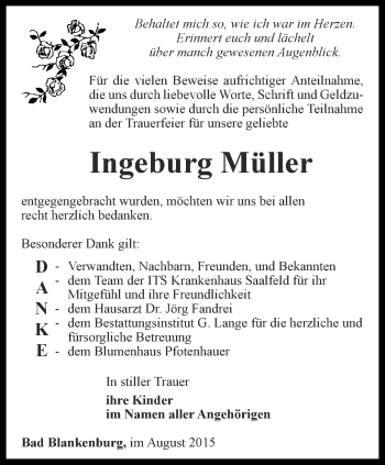 Traueranzeige von Ingeburg Müller von Ostthüringer Zeitung