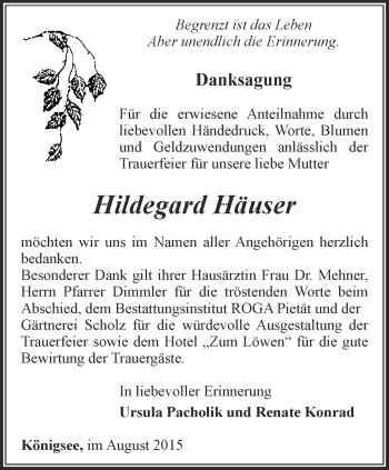 Traueranzeige von Hildegard Häuser von Ostthüringer Zeitung