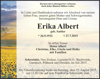 Traueranzeige von Erika Albert von Ostthüringer Zeitung
