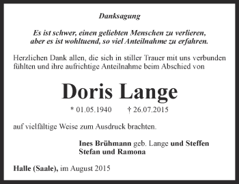 Traueranzeige von Doris Lange von Thüringer Allgemeine