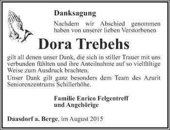 Traueranzeige von Dora Trebehs von Thüringer Allgemeine, Thüringische Landeszeitung