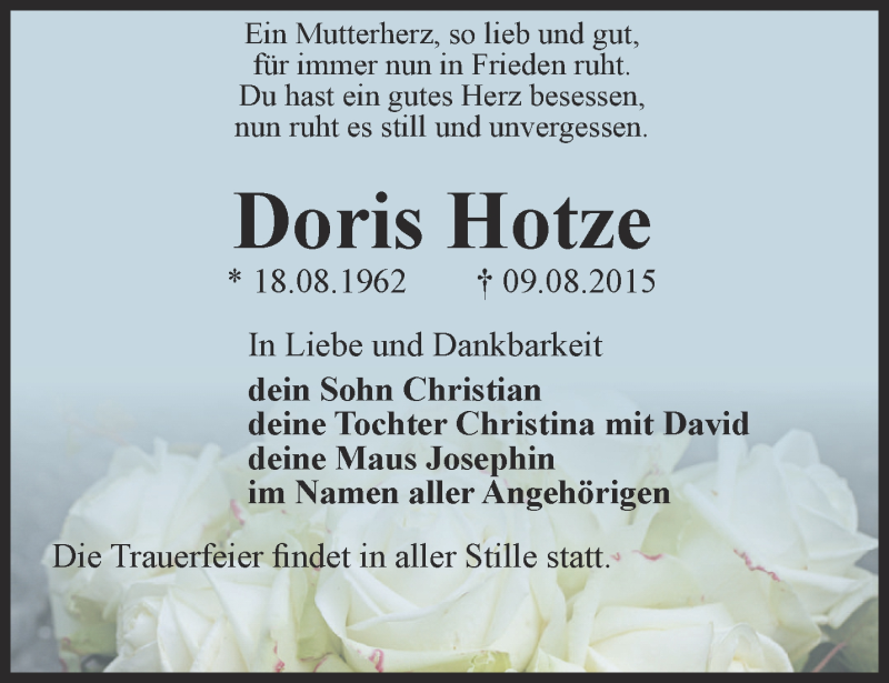  Traueranzeige für Doris Hotze vom 15.08.2015 aus Thüringer Allgemeine, Thüringische Landeszeitung