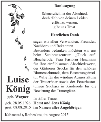 Traueranzeige von Luise König von Thüringer Allgemeine