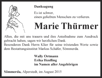 Traueranzeige von Marie Thürmer von Thüringer Allgemeine, Thüringische Landeszeitung