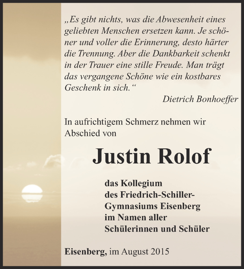  Traueranzeige für Justin Rolof vom 21.08.2015 aus Ostthüringer Zeitung