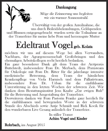 Traueranzeige von Edeltraut Vogel von Thüringer Allgemeine, Thüringische Landeszeitung