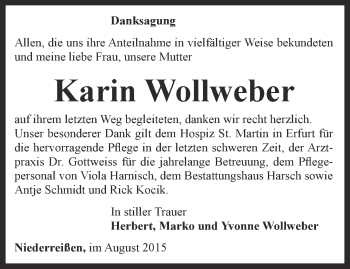 Traueranzeige von Karin Wollweber von Thüringer Allgemeine, Thüringische Landeszeitung