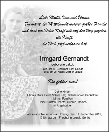 Traueranzeige von Irmgard Gernandt von Ostthüringer Zeitung