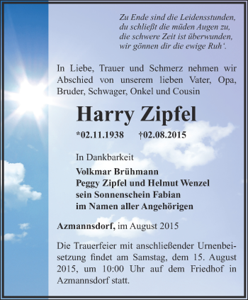 Traueranzeige von Harry Zipfel von Thüringer Allgemeine, Thüringische Landeszeitung