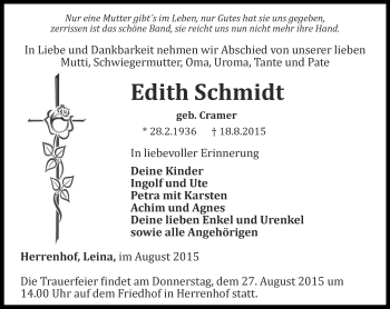 Traueranzeige von Edith Schmidt von Ostthüringer Zeitung, Thüringische Landeszeitung