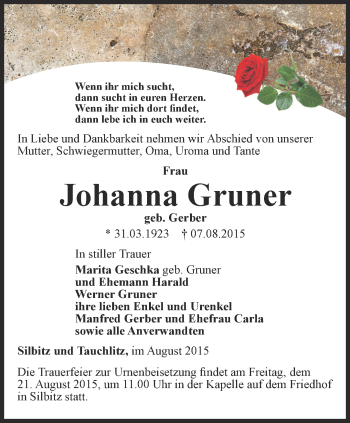 Traueranzeige von Johanna Gruner von Ostthüringer Zeitung