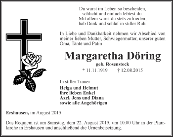 Traueranzeige von Margaretha Döring von Thüringer Allgemeine