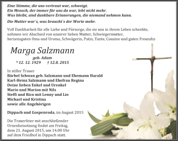 Traueranzeige von Marga Salzmann von Thüringer Allgemeine, Thüringische Landeszeitung