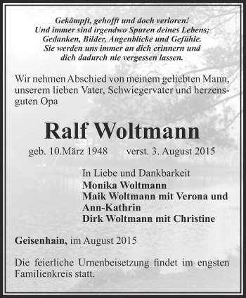 Traueranzeige von Ralf Woltmann von Ostthüringer Zeitung