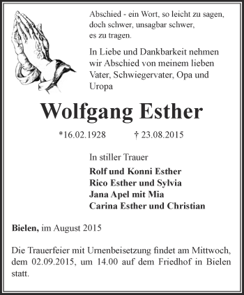 Traueranzeige von Wolfgang Esther von Thüringer Allgemeine