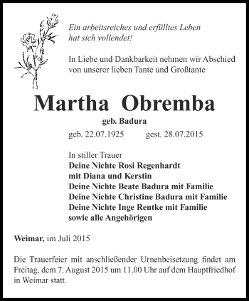 Traueranzeige von Martha Obremba von Thüringer Allgemeine, Thüringische Landeszeitung
