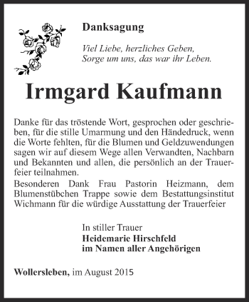 Traueranzeige von Irmgard Kaufmann von Thüringer Allgemeine