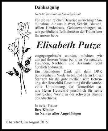 Traueranzeige von Elisabeth Putze von Thüringer Allgemeine, Thüringische Landeszeitung