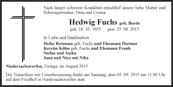 Traueranzeige von Hedwig Fuchs von Thüringer Allgemeine