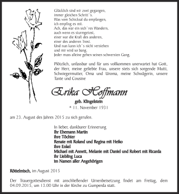 Traueranzeige von Erika Hoffmann von Ostthüringer Zeitung, Thüringische Landeszeitung