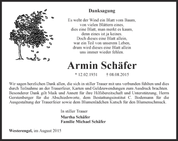 Traueranzeige von Armin Schäfer von Thüringer Allgemeine