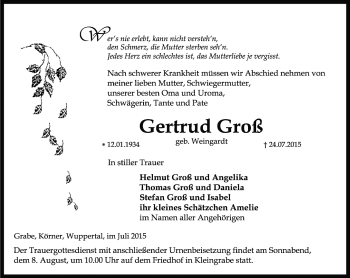 Traueranzeige von Gertrud Groß von Thüringer Allgemeine, Thüringische Landeszeitung