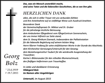 Traueranzeige von Georg Bolz von Thüringer Allgemeine, Thüringische Landeszeitung