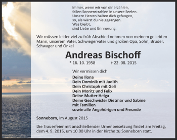 Traueranzeige von Andreas Bischoff von Ostthüringer Zeitung, Thüringische Landeszeitung
